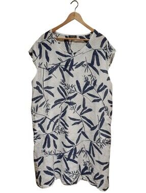 Civico 51 Women's Summer Dress White Blue Print Made In Italy 100% Linen